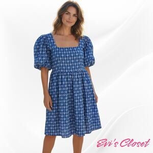 Rhode Women's Embroidered Eylet Mini Dress Sz L Blue White Puffed Short Sleeves